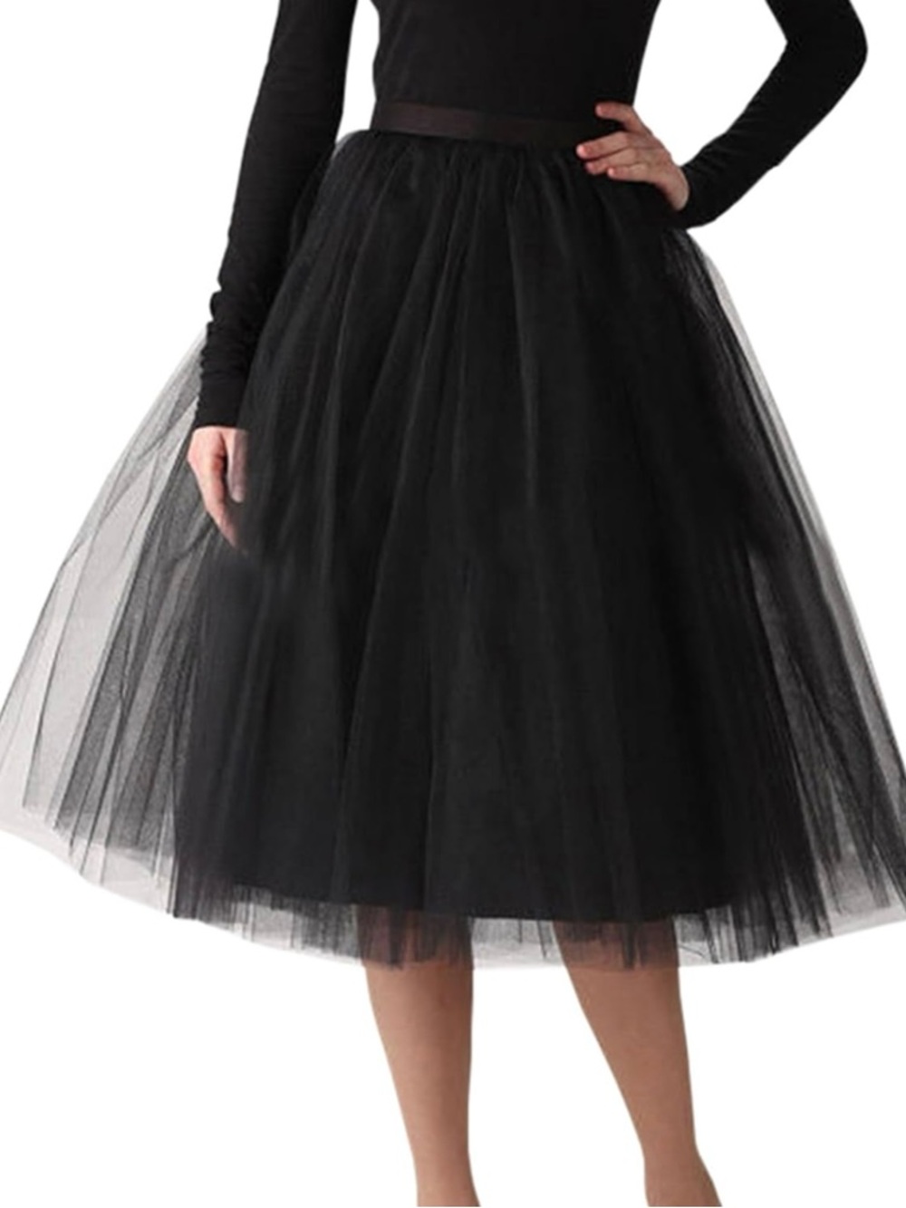 Classic Black long mid-length layered Tulle A Lign Elastic Waist Skirt Tutu